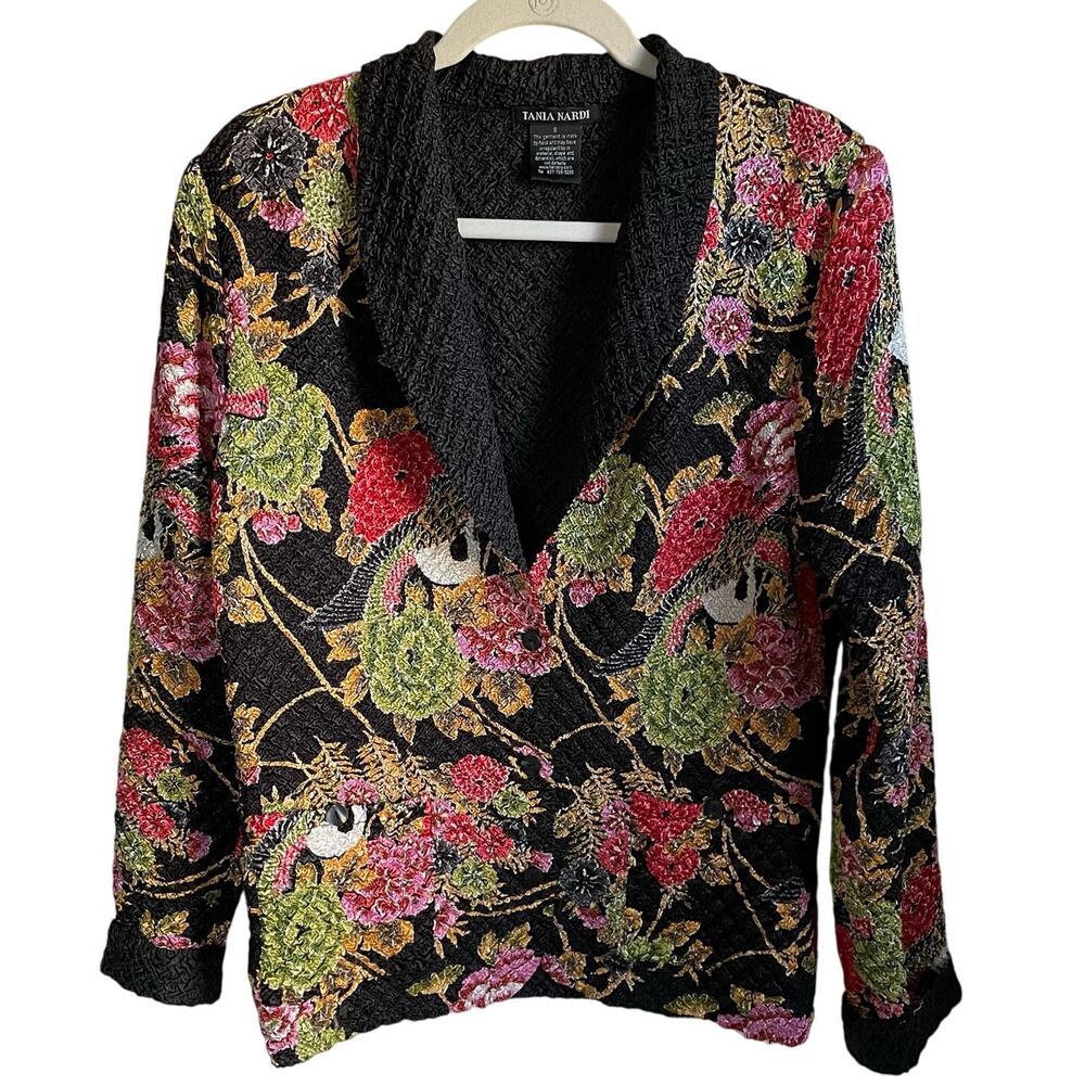 Tania Nardi Reversible Jacket Sz S Button Up Crinkle Texture Floral Black Artsy